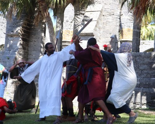 Jesus stops His disciples from fighting after Peter cuts an ear off of one of the temple guards